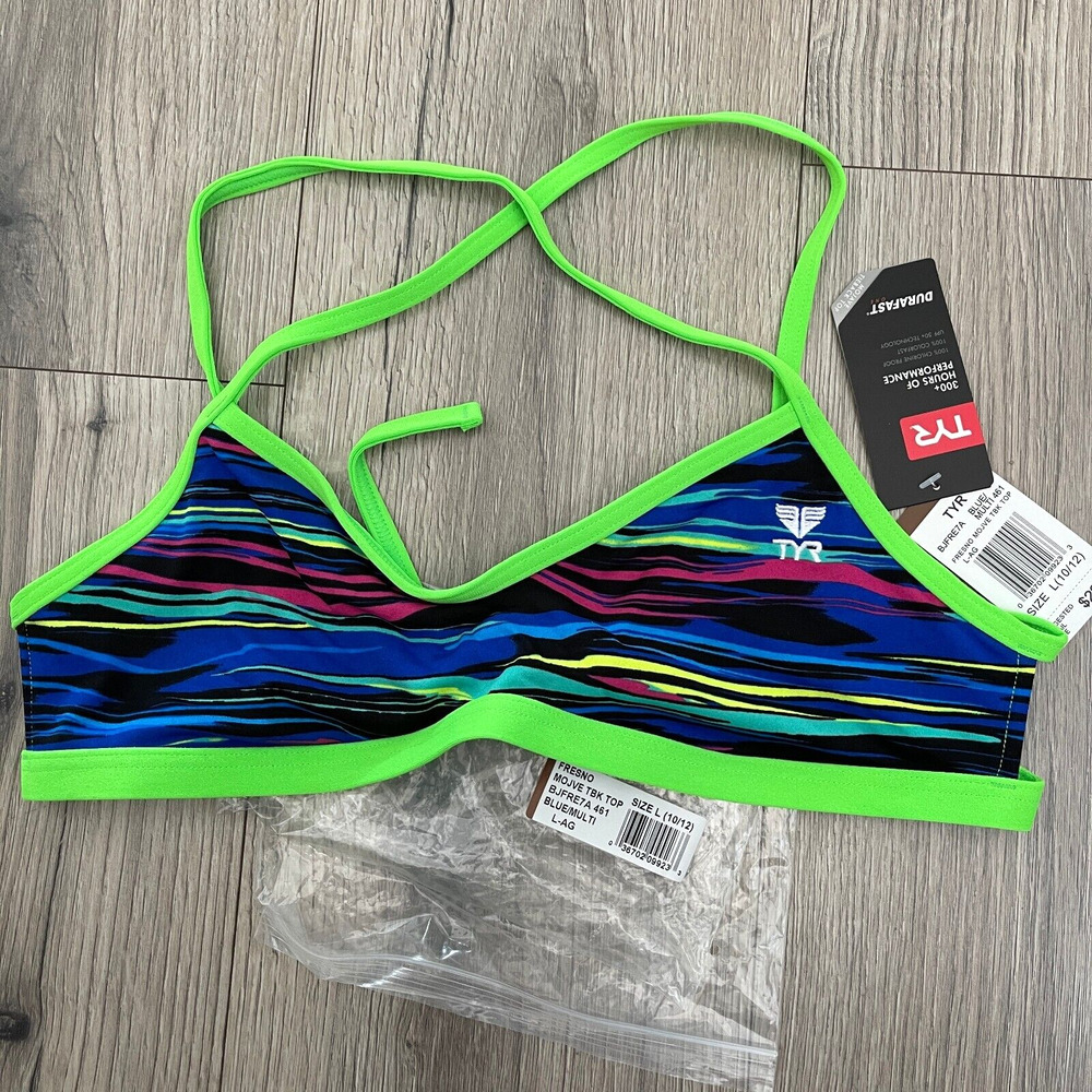 TYR DuraFast One Fresno Mojave Tieback Top Swim Bikini Blue Multi Sz Large 10/12
